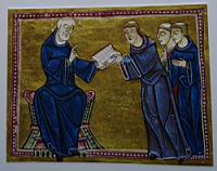 Saint Benoit confie a son disciple Maur la regle qu'il a redigee